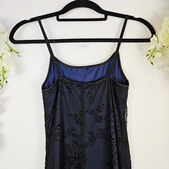 Y2K Navy Blue Black Velvet Burnout Mesh Floral Maxi Slip Dress Medium Whimsigoth - Picture 6 of 16